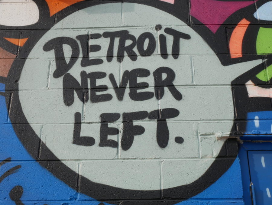 The oversized thought bubble reading, “Detroit Never Left.”  included in a large, vibrant mural is located on Gratiot Avenue near Eastern Market on January 9. Detroit continues to focus on rebuilding, growing and drawing people into the city.  The Improve Detroit mobile app makes it accessible for anyone to report issues such as running water, damaged street signs, and potholes directly to the City Hall.