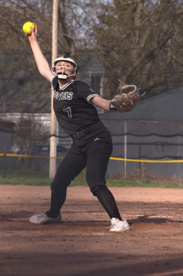 Sophomore pitcher Sydney Lezovich throws a fast pitch as she strikes out a Berkley player on April 28. “Before or during a game when I really need to focus I just take a deep breath and tell myself I got this. Or Ill get the next one,” Lezovich said.