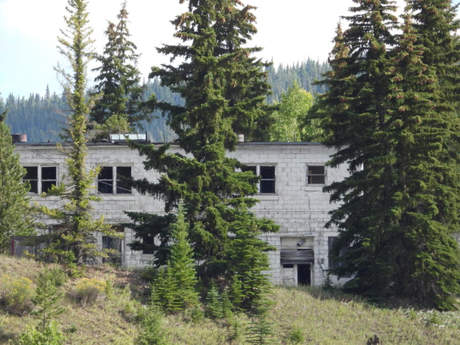 This white building is completely surrounded by pine trees on August 23. Its windows have been shattered and its walls are dirty and worn down.
