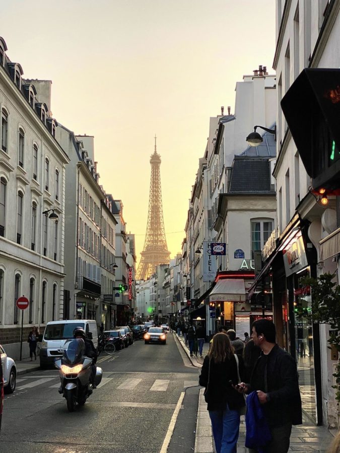 The buildings lined up and down the street guide all pedestrians eyes toward the huge Eiffel Tower staring down at everyone. This photo was taken at Rue Saint-Dominique on March 26.