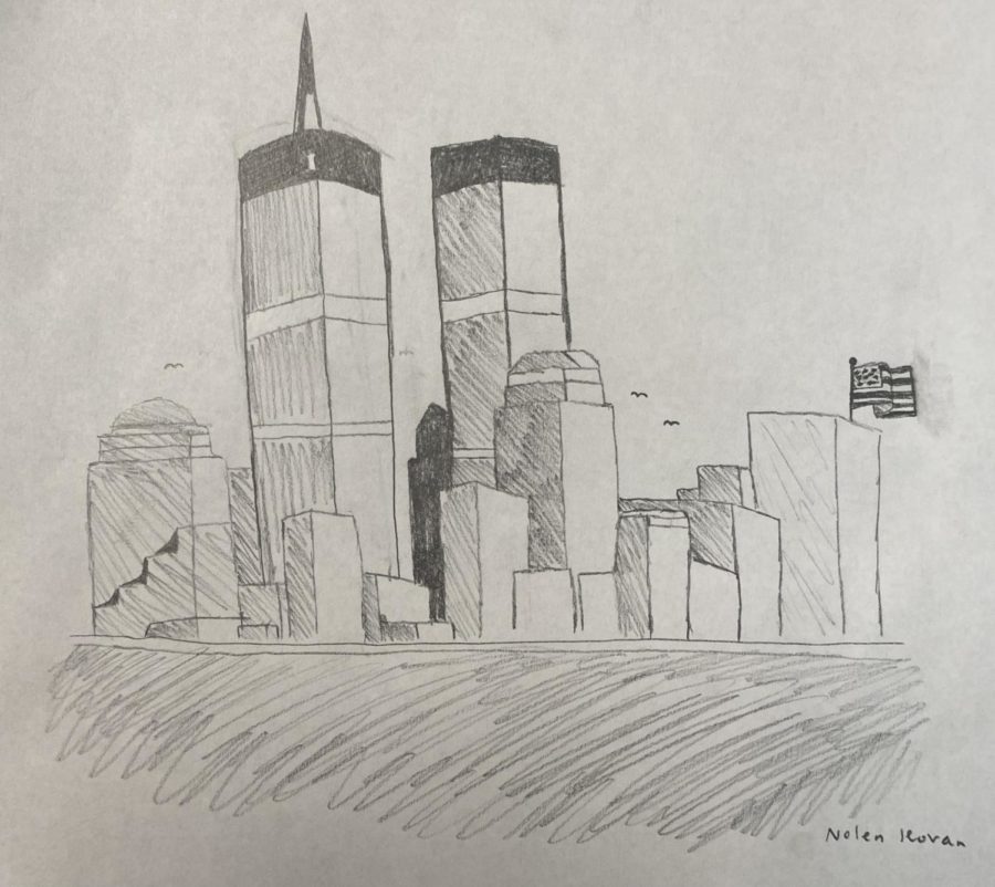 The Twin Towers hover over Manhattan, New York in a sketch by junior Nolen Kovan. The Twin Towers were two of the seven office buildings in The World Trade Center complex, and even prior to the September 11 attacks, the most influential. These monumental structures and popular tourist attractions were one of the three sights destroyed on September 11. A single skyscraper, which we solely call, the World Trade Center, has replaced the Twin Towers near where they once stood.