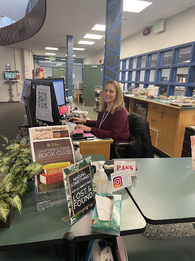 Library Media Specialist, Ann Truesdell busy at work at the Groves Library. “My favorite thing, well I love the kids, I also love as far as library work go, I love when new books come in and I get to process the new books, thats my favorite” Ann Truesdell said.