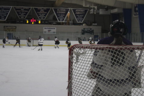Goaltender Elizabeth Culbertson spectates from the net as the Blackhawks determinedly battle in the far end.