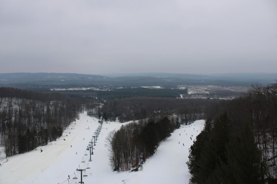 This picture is the view off of the right side of the Skybridge in about the middle, and on the other side, there are people skiing down the mountain.
