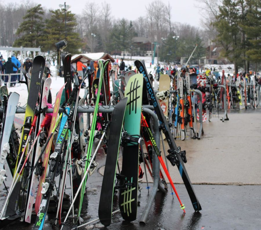Pictured is the racks where you can place your skis or snowboard if you want a snack break or what not, and it can get pretty busy, so make sure to head to the slopes bright and early to beat the crowd.