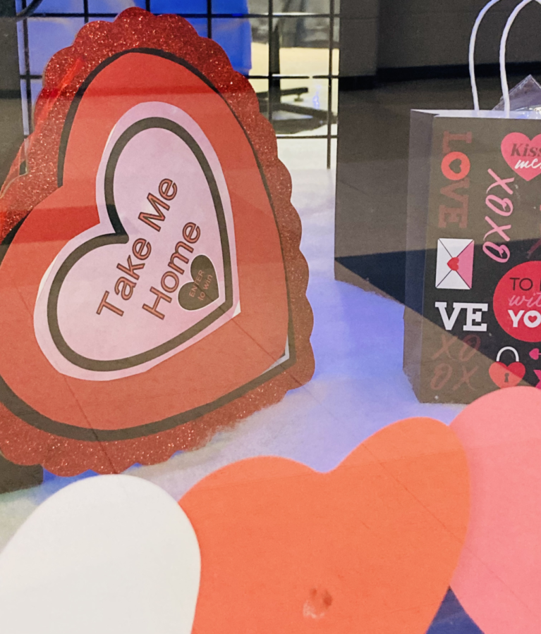 Valentines Day decorations outside of the Falcons Nest reflect warm colors and warm feeling.