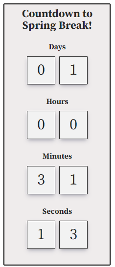 A Spring Break Countdown brought to you by The Groves Scriptor website's homepage. Check it out.