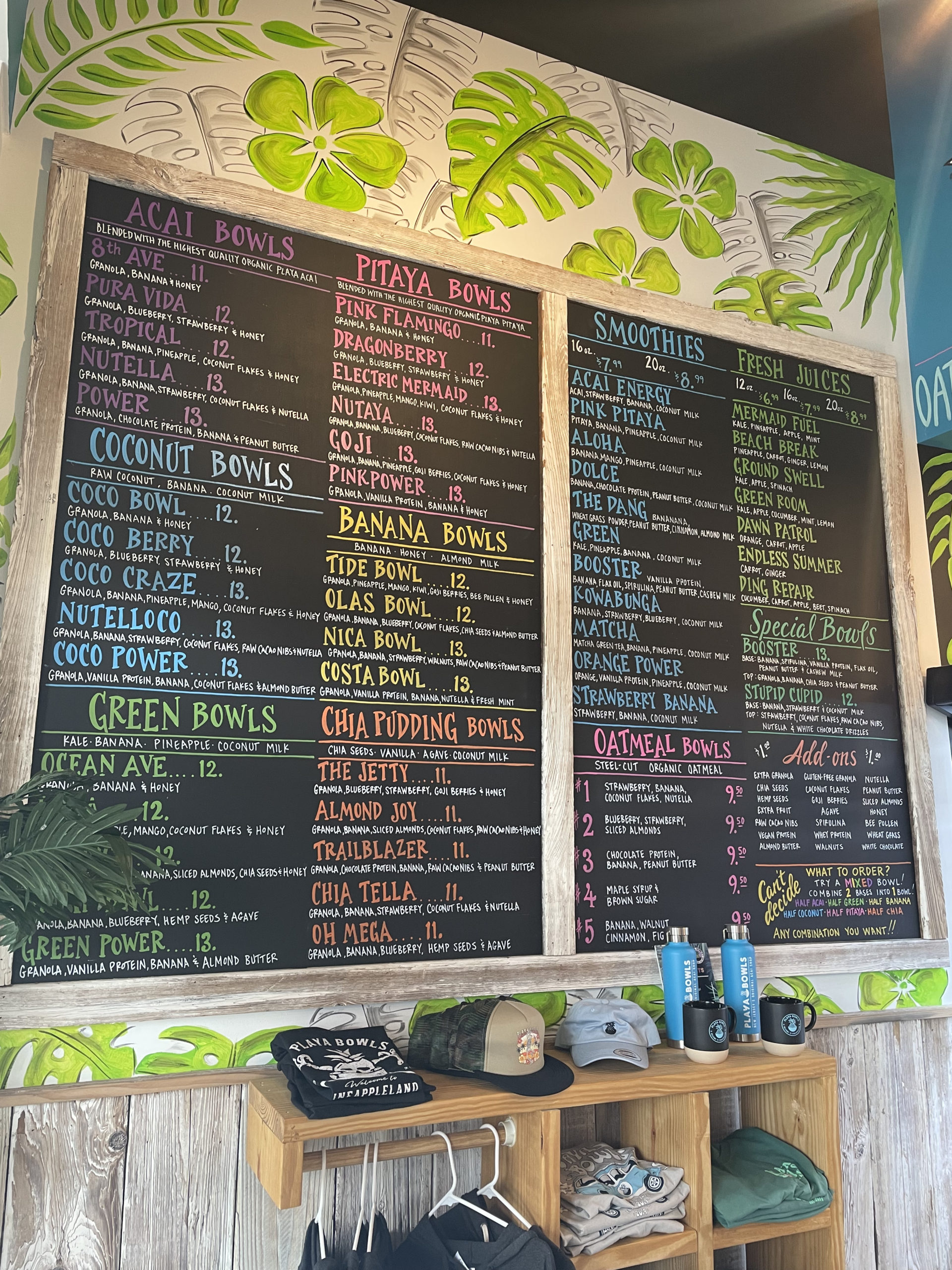 The Playa Bowl menu has a large variety of bowl bases including acai, coconut, green, pitaya, banana, chia seed pudding, along with smoothies, oatmeal bowls, and fresh juices. You’re guaranteed to find something you like, whether you’re in the mood for something sweet, tart, or savory, and if you can’t pick between two things, you have the option to order a mixed bowl, with your choice of any two bases on the menu.