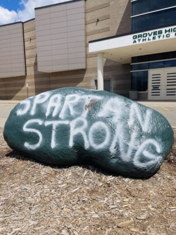 The Rock in the front of the pool doors entrance displays the popular Spartan Strong logo, coined from the MSU tragedy.