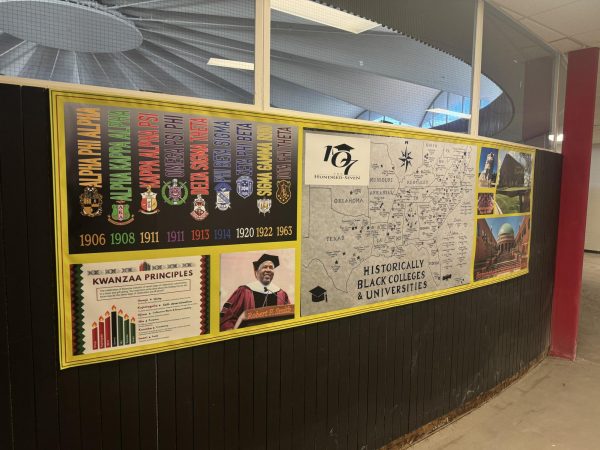 A banner outside the Groves library showing a variety of black universities across the nation.
