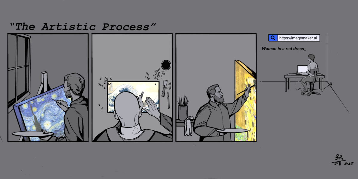 “The Artistic Process” created by Brett Schacker is an editorial comic strip commenting on AI art. 
The first panel is Van Gogh painting Starry Night by looking out of the mental institution’s window while using oil paints to capture the vivid colors of the night. He’s experiencing a calm and expressive moment amidst the emotional turmoil he’s experiencing. The second panel is Hosukai creating the famous Great Wave Off Kanagawa by using a traditional wood carving technique. He’s inspired by the changes he’s observing in his home of Edo period Japan. The third panel encapsulates Gustav Klimt as he adds the finishing touches to The Kiss. He adds paint wash over the gold leaf to give it dimension. His inspiration comes from human relationships and love. 
The fourth image presents a man sitting at a computer. He is further from the viewer than the rest, seemingly more isolated and distant. Above him, there is a Google-esque search bar with “https://imagemaker.ai” typed into it. This is the AI artist, typing a generic prompt into a search engine for an art piece made by artificial intelligence. 
The AI artist looks distant and impersonal, much like his “art”. While the other artists within the comic are working hard to create vivid pieces inspired by their own experiences and outlook of the world, the AI artist simply and quickly creates an image with a computer. 
The name of the comic strip is also a hint to its true meaning. “The Artistic Process” being in quotation marks shows the irony of calling all four people “artists” at all, since one of them misses the true meaning and dedication required of art.