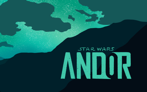 Star Wars Andor logo accompanied by a mysterious landscape of mountains and turquoise sky and wispy clouds, illustrated by Brett Schacker.