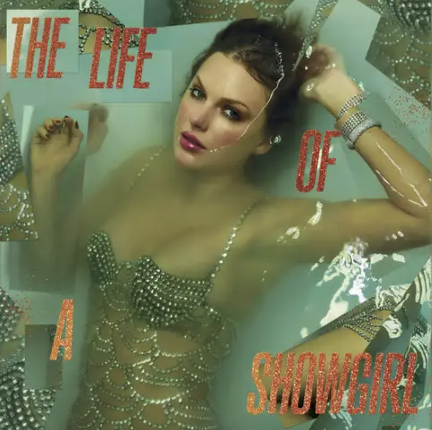 Swift's album cover for "Life of a showgirl," which depicts Swift in a bedazzled body suit laying in a murky pool.