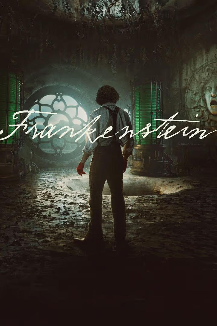 The official Netflix poster for Del Toro‘s film, which encapsulates the aesthetic of Frankenstein, with Victor standing center in his open-spaced laboratory.