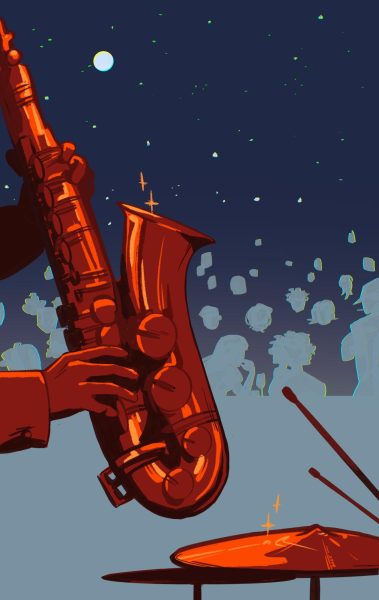 Image of a musician playing a saxophone, drawn by Brett Schacker.