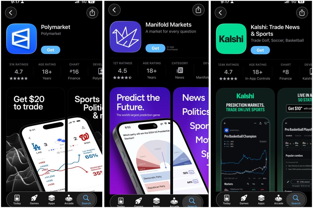 Images of three popular prediction betting apps on the Apple App Store: Polymarket, Manifold Markets, and Kalshi. Photo illustration by Molly Brunt.