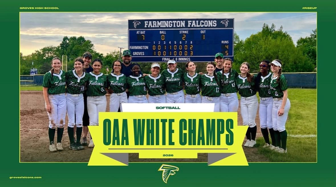 Groves softball team posing after their winning game. Photo courtesy of @grovessoftball on Instagram.